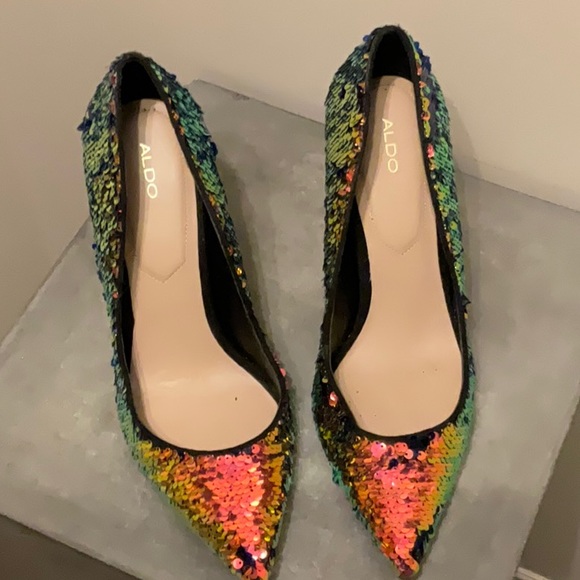 Sequin iridescent multi color high heel pump. - Picture 2 of 4